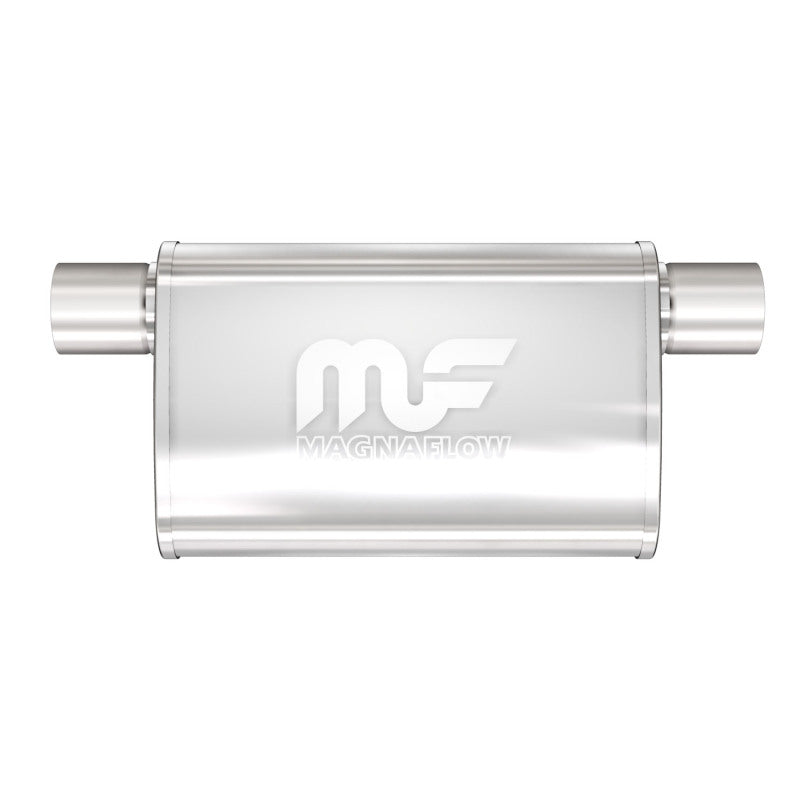 MagnaFlow Mag SS muffler with 11x4x9 inch dimensions and 2.5-inch inlet/outlet, stainless steel construction, visible in the image.
