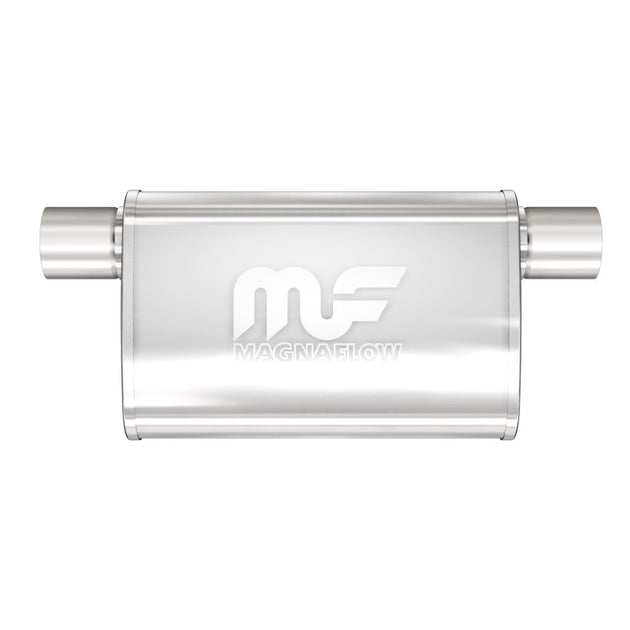 MagnaFlow Mag SS muffler with 11x4x9 inch dimensions and 2.5-inch inlet/outlet, stainless steel construction, visible in the image.