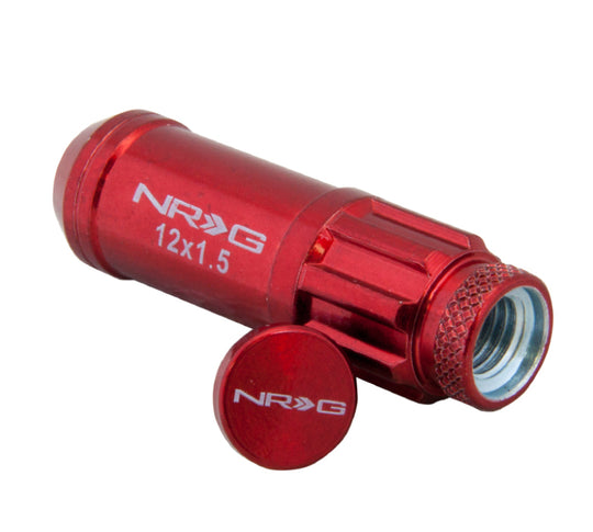 NRG 700 Series M12 x 1.5 steel lug nut set with dust cap cover, locks, and lock socket in red for vehicle wheels.