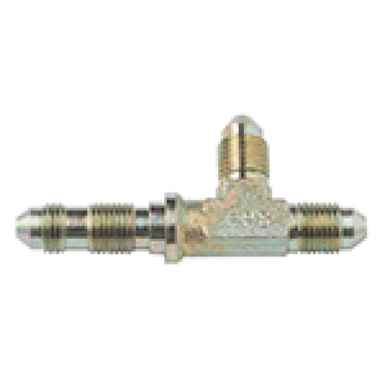 Fragola -3AN steel bulkhead tee fitting with threaded ends, designed for high-performance fluid connections in automotive or racing setups.