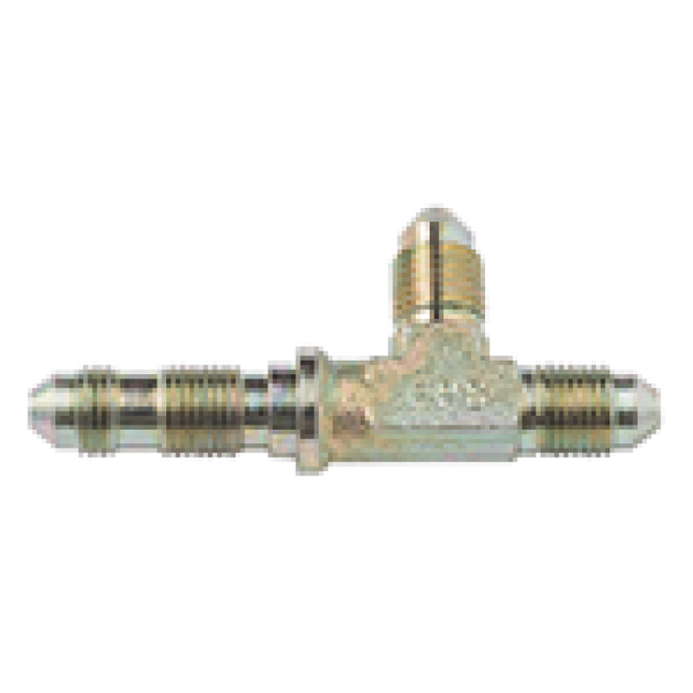 Fragola -3AN steel bulkhead tee fitting with threaded ends, designed for high-performance fluid connections in automotive or racing setups.