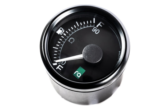 Radium Engineering fuel level gauge displaying 0-90 ohm measurement with a clear dial and black face for accurate fuel monitoring.