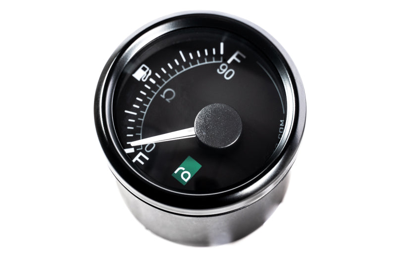 Radium Engineering fuel level gauge displaying 0-90 ohm measurement with a clear dial and black face for accurate fuel monitoring.