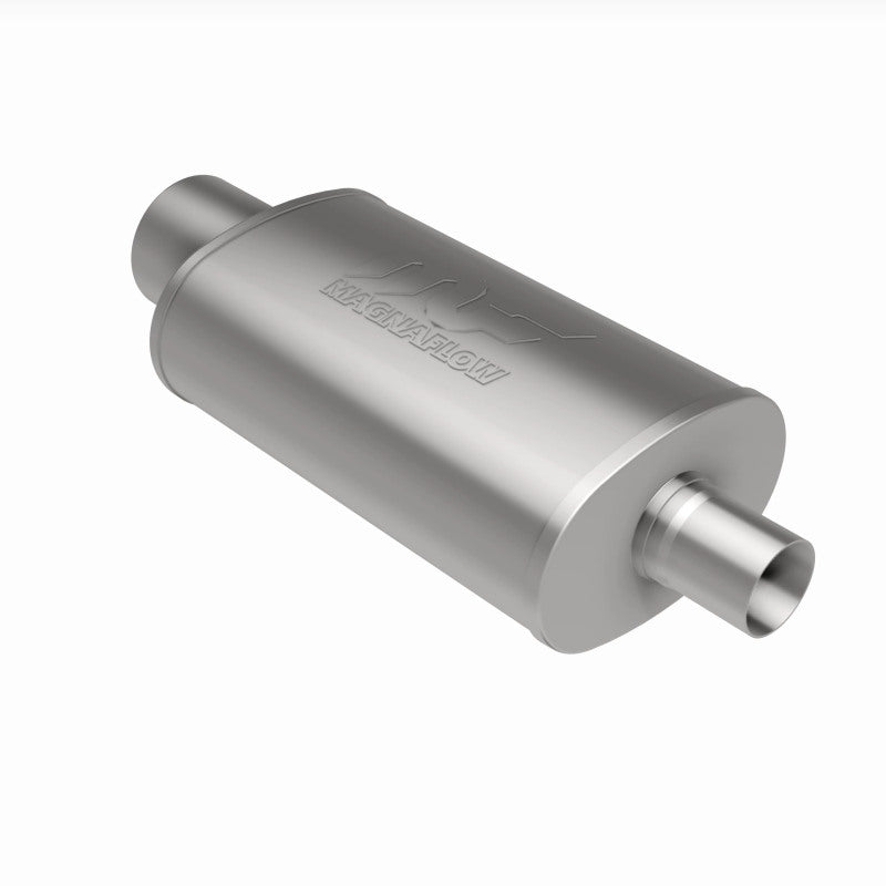 MagnaFlow stainless steel muffler with tip, 14x5x8 inches, featuring dual inlet and outlet pipes, designed for vehicle exhaust systems.