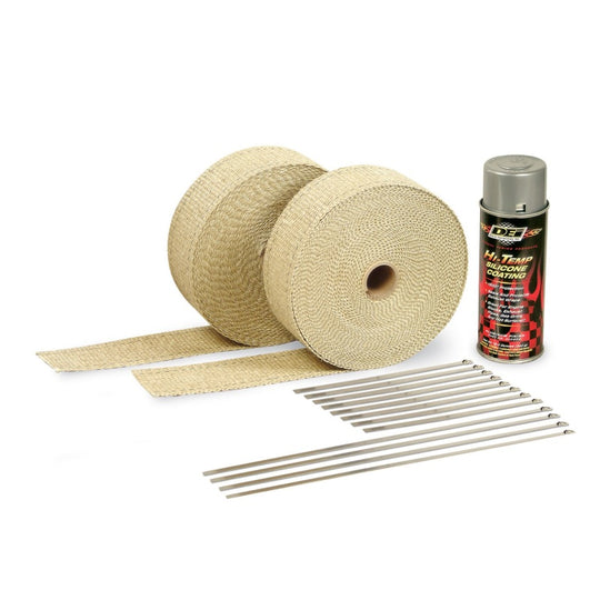 DEI exhaust wrap kit with tan heat wrap and aluminum high-temperature silicone coating aerosol for car exhaust systems.