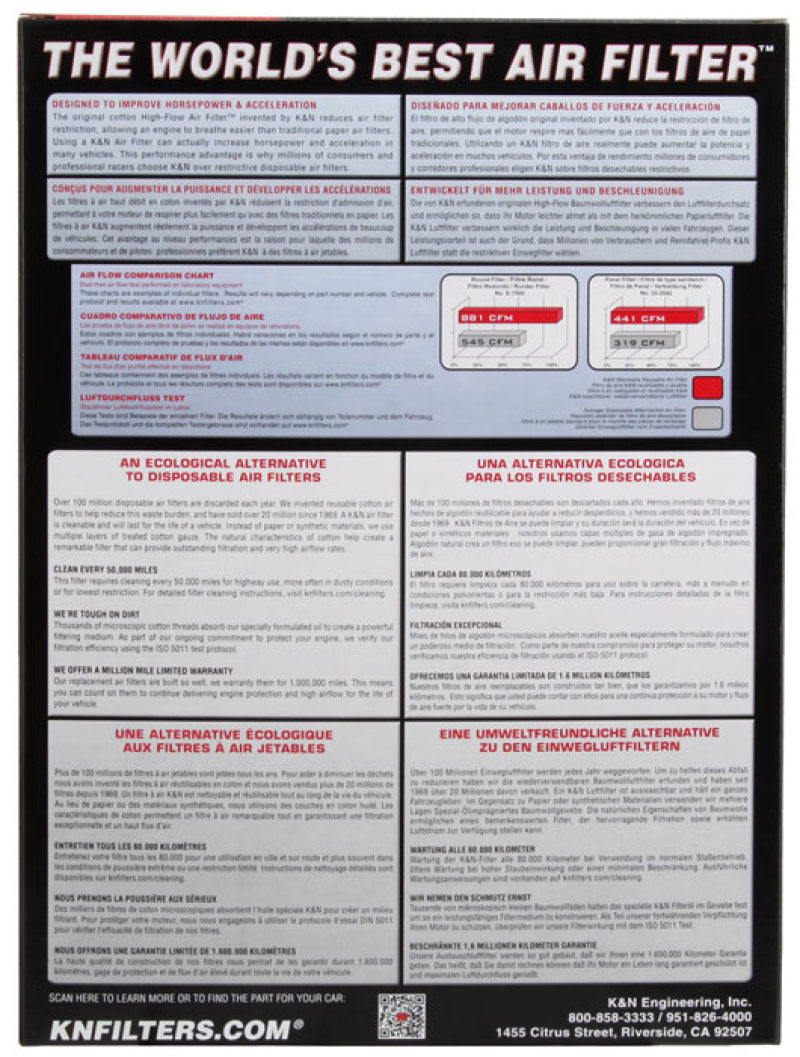 K&N Engineering custom oval air filter with 7.75-inch width, 14.625-inch length, and 2-inch height for drop-in air filtration.