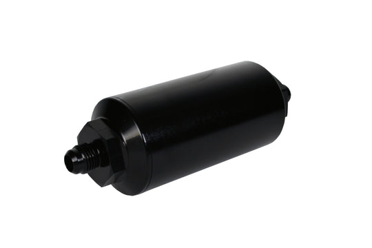 Aeromotive in-line fuel filter with AN-6 male fittings, 10 micron fabric element, bright dip black finish for automotive use
