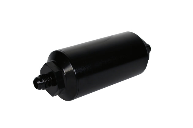 Aeromotive in-line fuel filter with AN-6 male fittings, 10 micron fabric element, bright dip black finish for automotive use