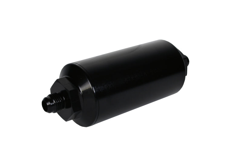 Aeromotive in-line fuel filter with AN-6 male fittings, 10 micron fabric element, bright dip black finish for automotive use