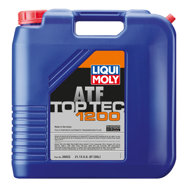 LIQUI MOLY Top Tec ATF 1200 gear oil container, 20-liter size, high-performance automatic transmission fluid.