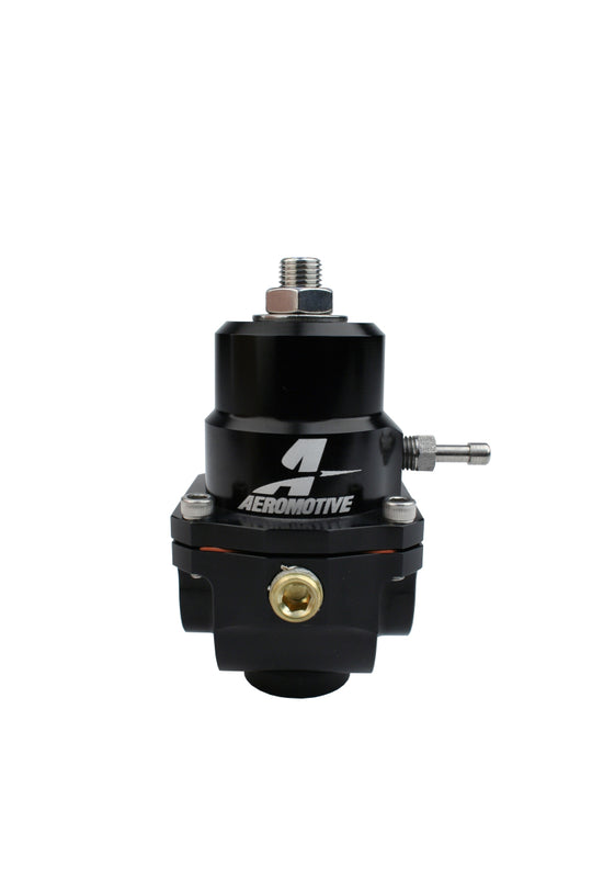 Aeromotive adjustable fuel pressure regulator with .188 valve, 35-75 PSI, dual -08 inlets and return, for automotive fuel systems.