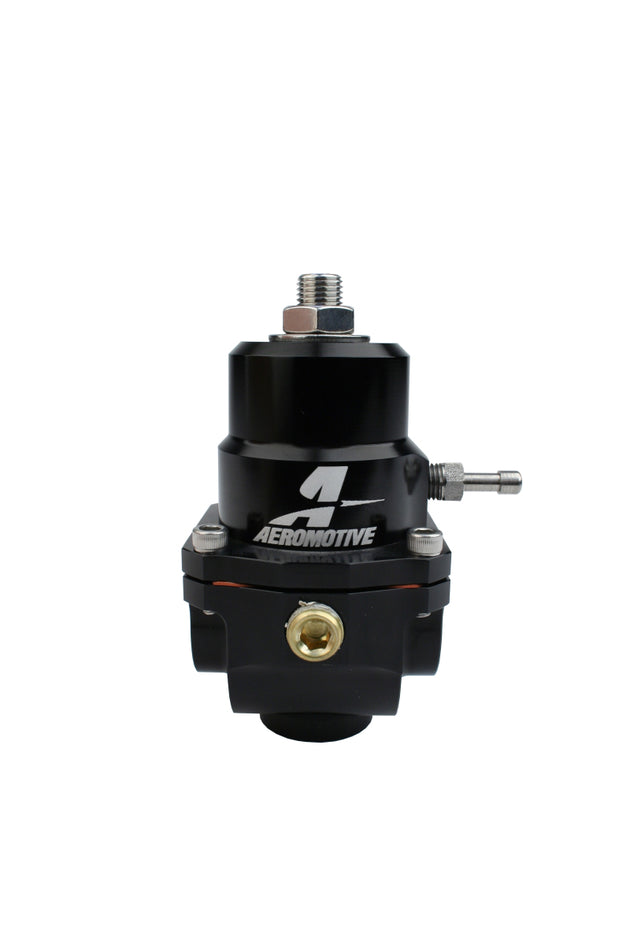 Aeromotive adjustable fuel pressure regulator with .188 valve, 35-75 PSI, dual -08 inlets and return, for automotive fuel systems.
