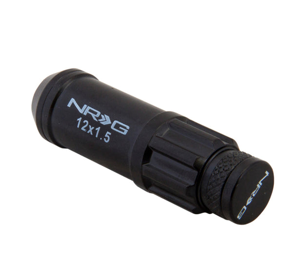 NRG 700 Series M12 x 1.5 steel lug nut set with dust cap covers, locks, and lock socket in black for automotive wheels.