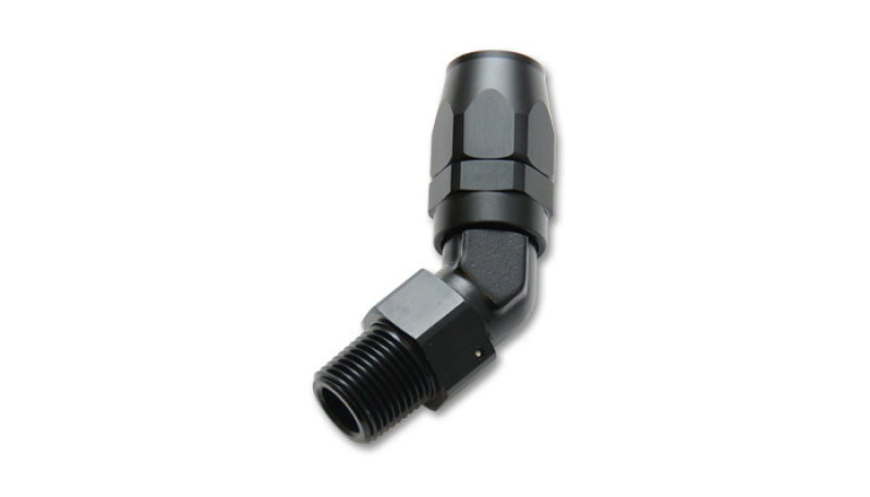 Vibrant -10AN male NPT 45-degree hose end fitting with 3/8 NPT connection, designed for high-performance fluid systems.