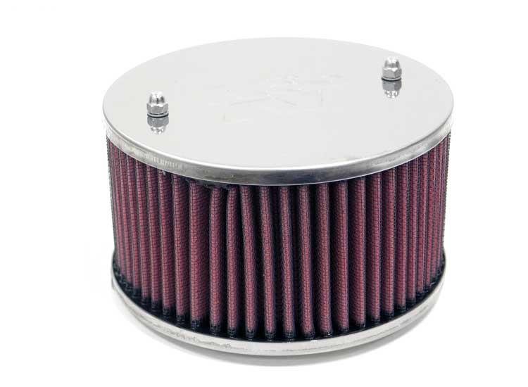 K&N Engineering universal round air filter with 1.625-inch flange and 2.75-inch height, designed for custom vehicle air intake systems.
