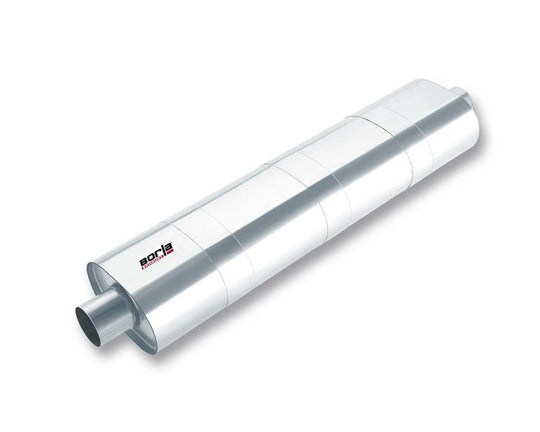 Borla oval XR-1 multi-core racing muffler with 3-inch inlet and outlet, black metal finish, and compact design.