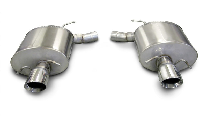 Polished CORSA Performance axle-back exhaust for 2009-2014 Cadillac CTS V 6.2L V8 sedan, showcasing its sleek metal finish and dual tips.