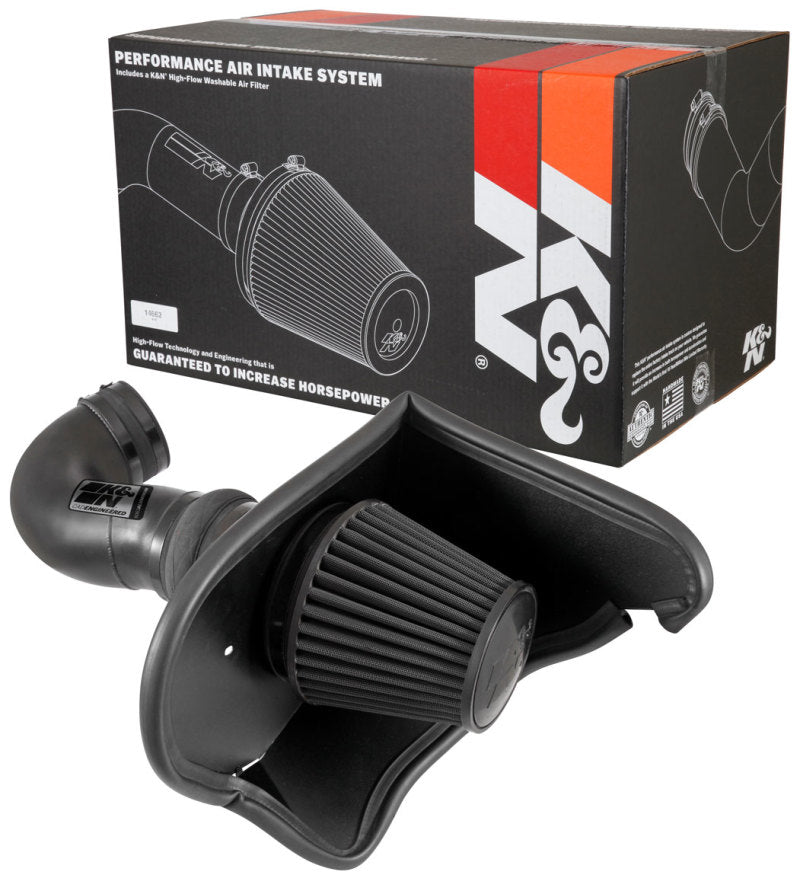 K&N Chevrolet Camaro SS V8 6.2L performance cold air intake kit installed, showcasing the air filter and intake tubing.