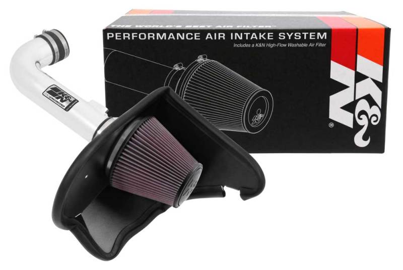K&N Engineering silver Typhoon short ram cold air intake for 2016-2017 Chevy Camaro 3.6L engine, shown installed in vehicle.