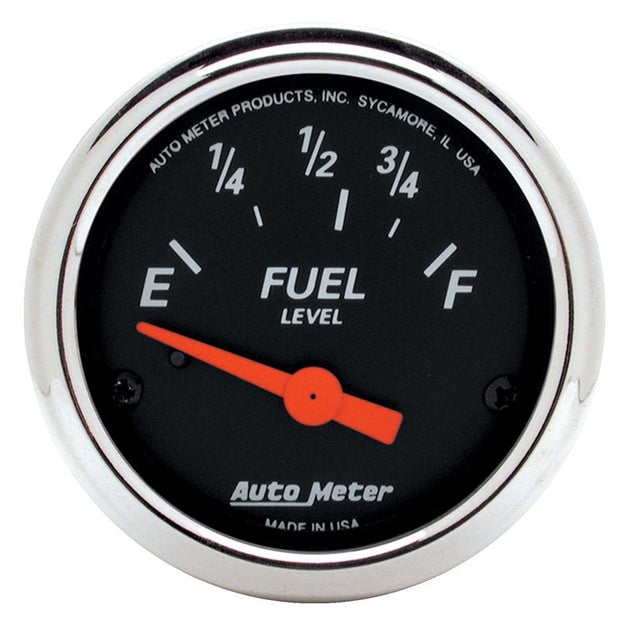 AutoMeter Designer Black Fuel Level Gauge with 2-1/16 inch dial, electrical, 70 ohms E, 10 ohms F, 90-degree sweep, digital display