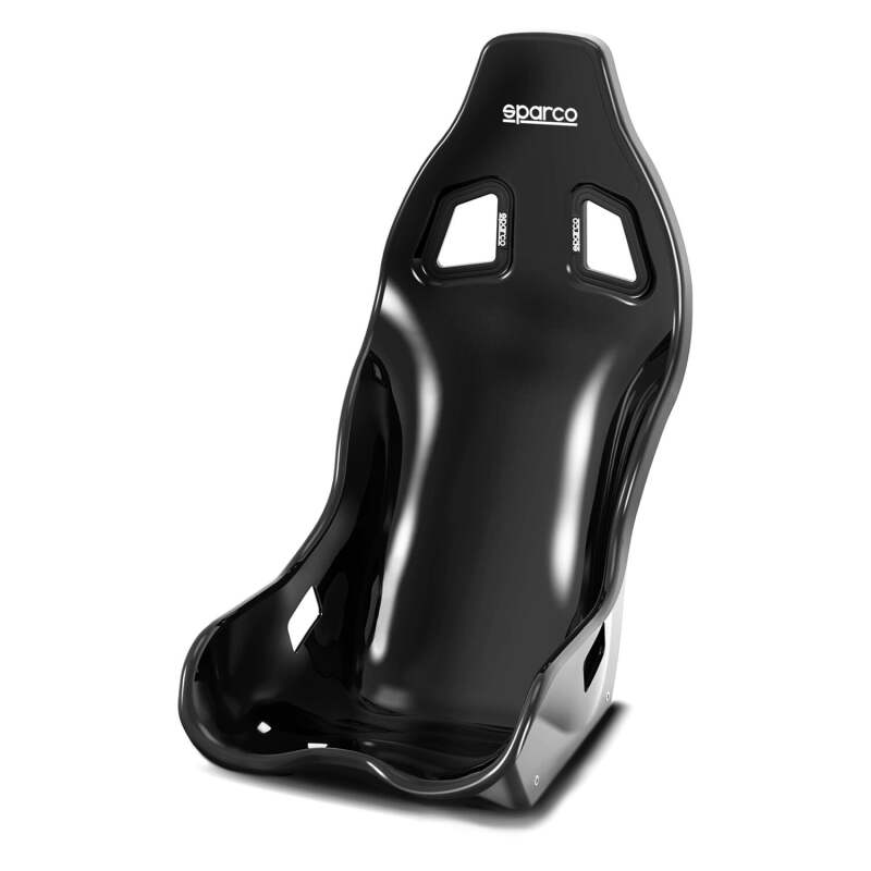 Black Sparco Ultra Fiberglass race seat with racing harness slots and ergonomic design for high-performance driving.