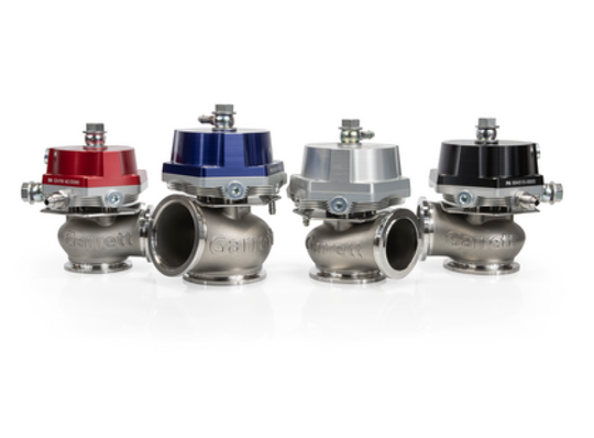 Black Garrett GVW-50 50mm wastegate kit with metal actuator and mounting hardware for turbocharger boost control.