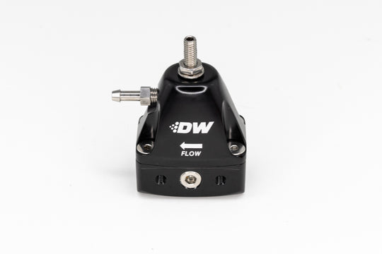 DeatschWerks DWR1000iL black in-line adjustable fuel pressure regulator for automotive fuel systems.