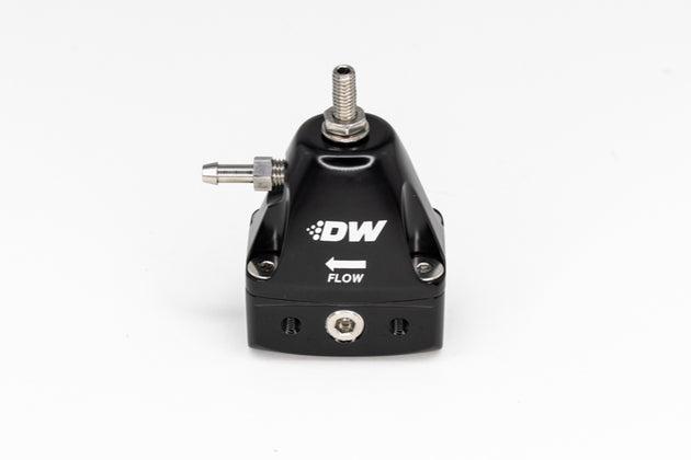 DeatschWerks DWR1000iL black in-line adjustable fuel pressure regulator for automotive fuel systems.