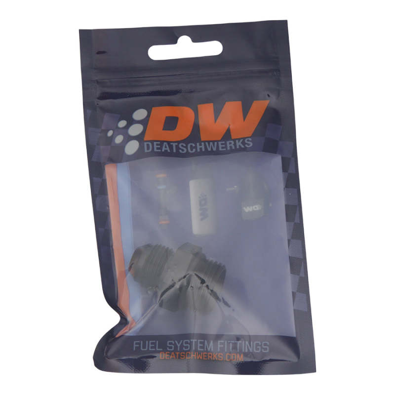 DeatschWerks 10AN ORB male to 8AN male flare fitting with O-ring, matte black anodized finish, automotive fuel or oil fitting