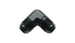 Vibrant aluminum 16AN 90-degree flare union fitting showing the threaded and flared ends for automotive fluid connections.