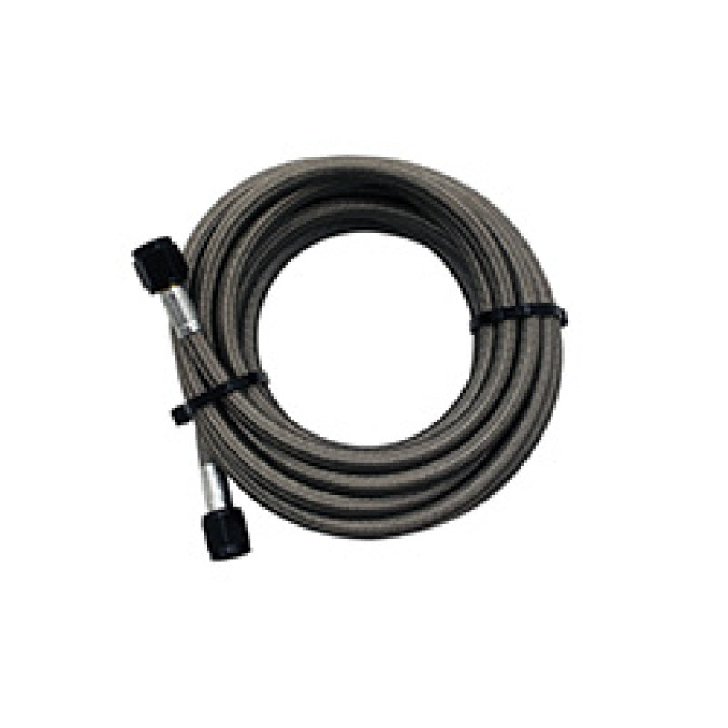 Snow Performance 20ft braided stainless steel line for injection pump components, featuring durable 4AN fittings.