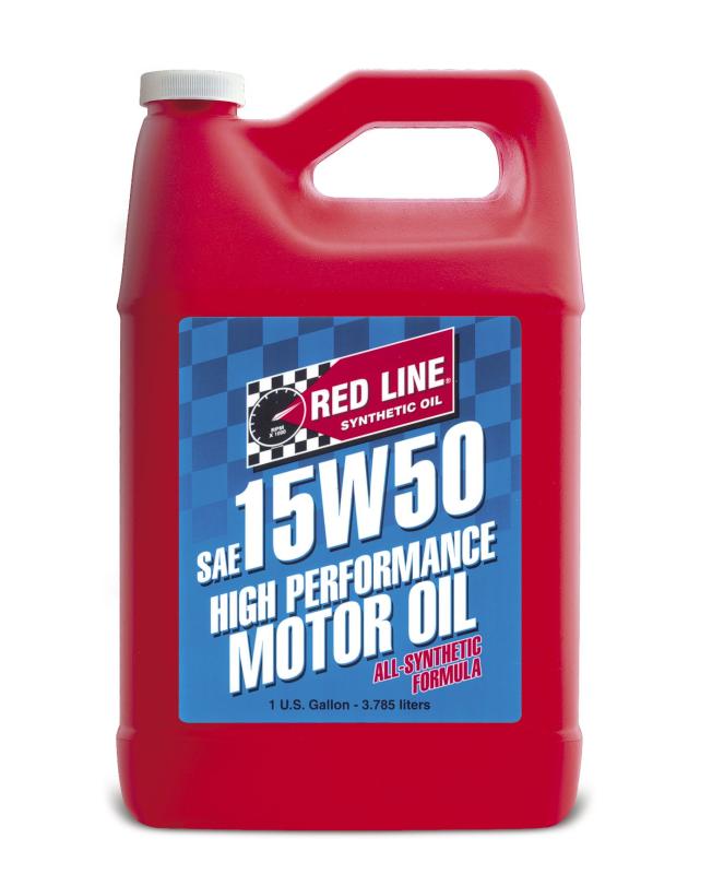 Red Line 15W50 motor oil gallon container with red and black label, motor oils product for engine lubrication.