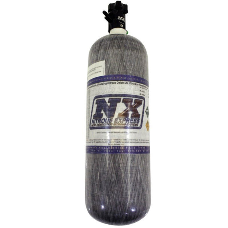 Nitrous Express composite nitrous bottle with Lightning 500 valve, 6.79 inches diameter and 23.25 inches tall, for automotive performance.