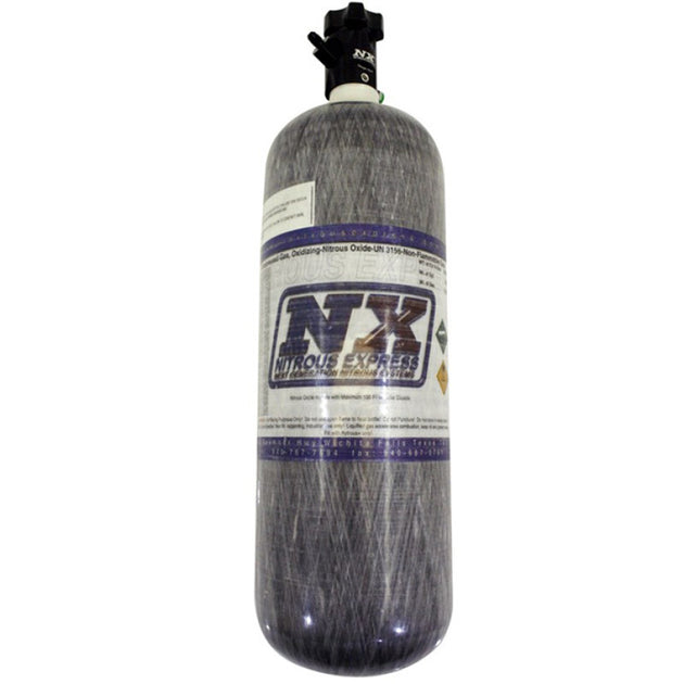 Nitrous Express composite nitrous bottle with Lightning 500 valve, 6.79 inches diameter and 23.25 inches tall, for automotive performance.
