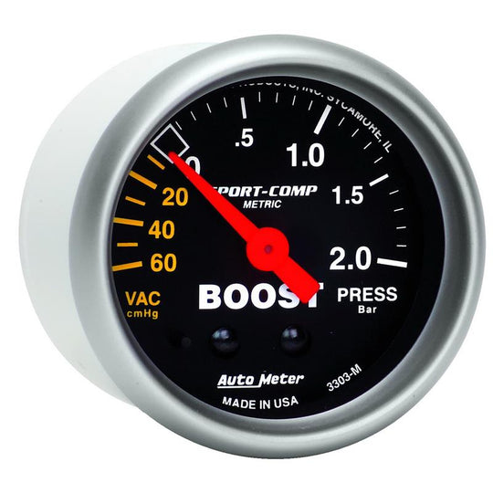 AutoMeter Sport-Comp 52mm mechanical boost gauge with 60cm hose and -2.0 bar pressure measurement, designed for automotive use.
