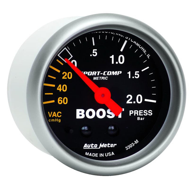 AutoMeter Sport-Comp 52mm mechanical boost gauge with 60cm hose and -2.0 bar pressure measurement, designed for automotive use.