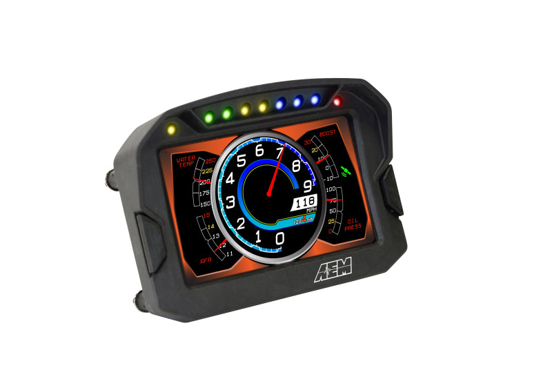 AEM CD-5LG Carbon Logging Digital Dash Display gauge with internal 10Hz GPS and antenna, showcasing a sleek black design.