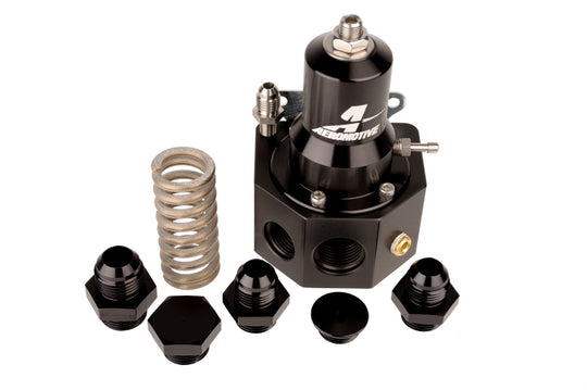 Aeromotive Pro-Series EFI Boost Reference Fuel Pressure Regulator showing its compact design and inlet/outlet ports.