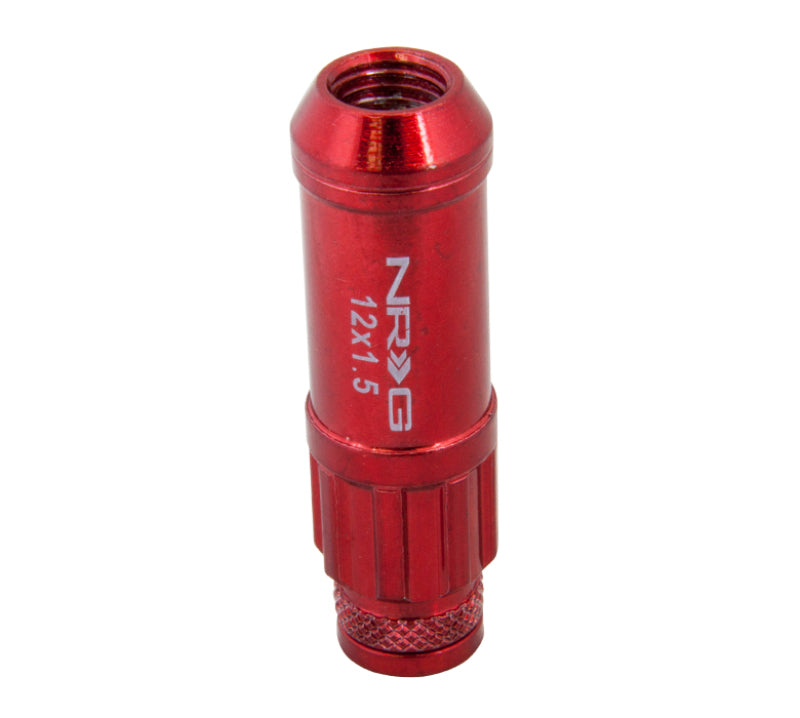NRG 700 Series M12 x 1.5 steel lug nuts with dust cap cover set, locks, and lock socket in red for vehicle wheels.