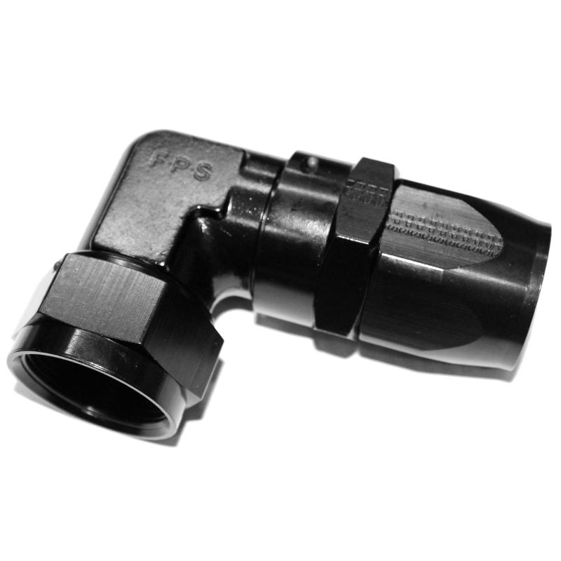 Black Fragola -20AN low profile forged hose end fitting with 90-degree angle for high-performance automotive fluid connections.