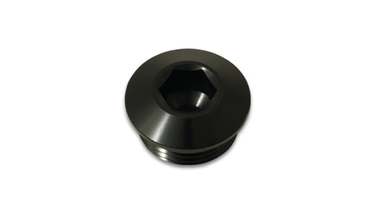 Vibrant aluminum -8AN ORB slimline port plug with O-ring, anodized black, fitting for high-performance automotive or fluid systems.