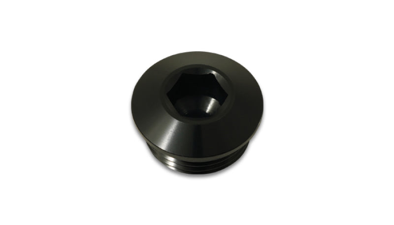 Vibrant aluminum -12AN ORB slimline port plug with O-ring in anodized black, designed for fitting applications.