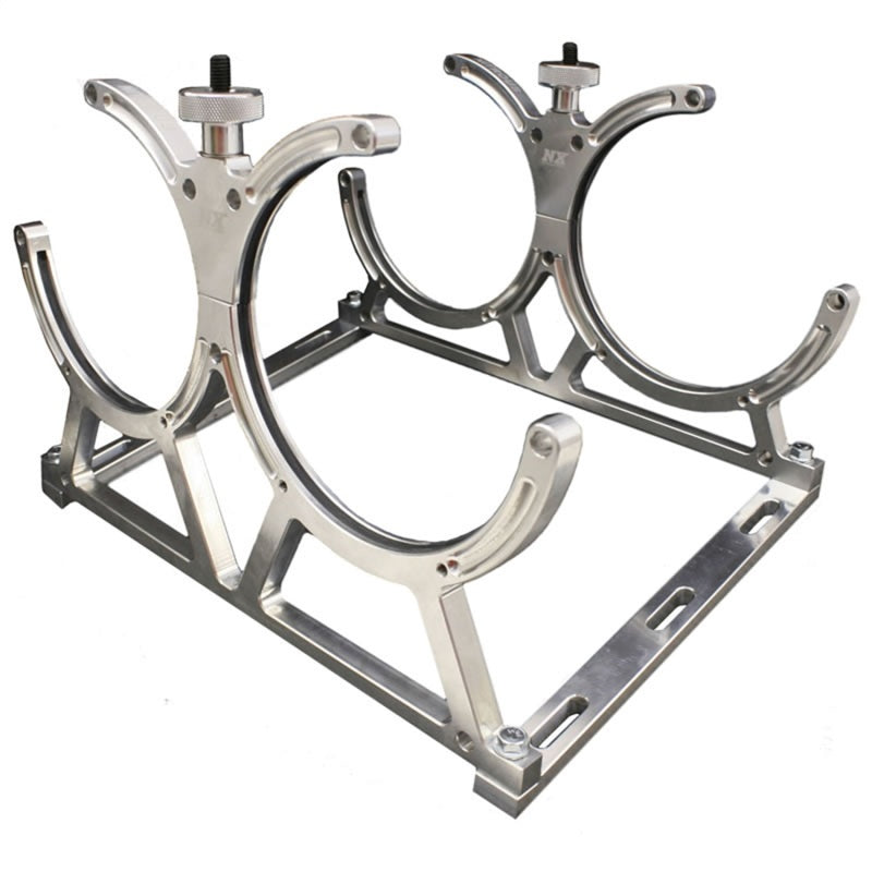 Nitrous Express billet bracket for dual 10 or 15 lb N2O bottles with floor mounts, used as a nitrous bottle accessory.