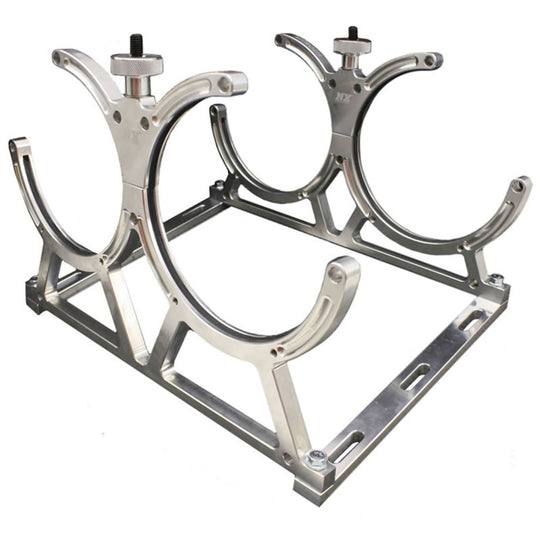 Nitrous Express billet bracket for dual 10 or 15 lb N2O bottles with floor mounts, used as a nitrous bottle accessory.