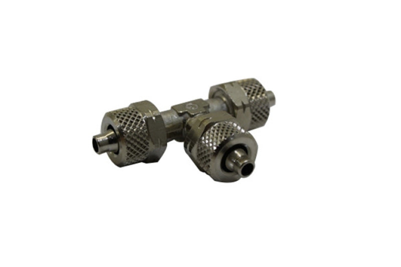 Snow Performance water union fitting with 1/4 inch T-connector for automotive cooling system accessories.