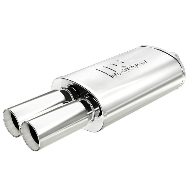 MagnaFlow stainless steel muffler with tip, 14x5x8 inches, featuring dual inlet and outlet pipes for automotive exhaust systems.