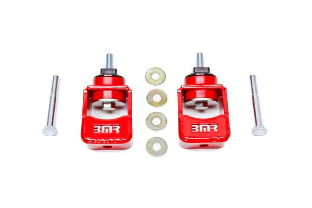Red BMR 10-15 5th Gen Camaro engine mount kit with polyurethane mounts, shown with spacers not included, for improved engine stability.