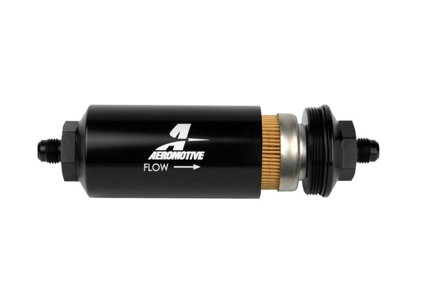 Aeromotive in-line fuel filter with AN-6 male fitting, 10 micron fabric element, bright dip black finish for automotive use.