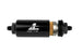 Aeromotive in-line fuel filter with AN-6 male fitting, 10 micron fabric element, bright dip black finish for automotive use.