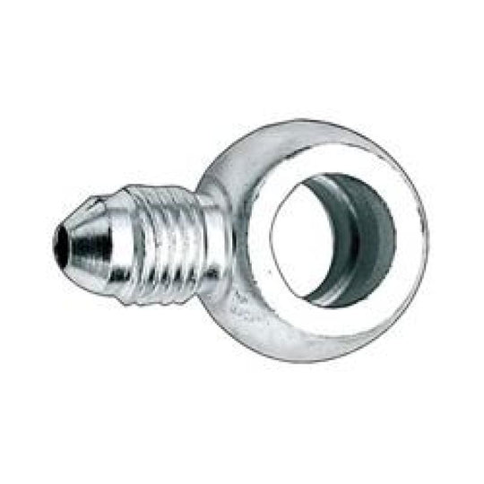 Fragola steel -4AN x 3/8 banjo brake adapter showing the metal fittings and threaded connections for automotive use.